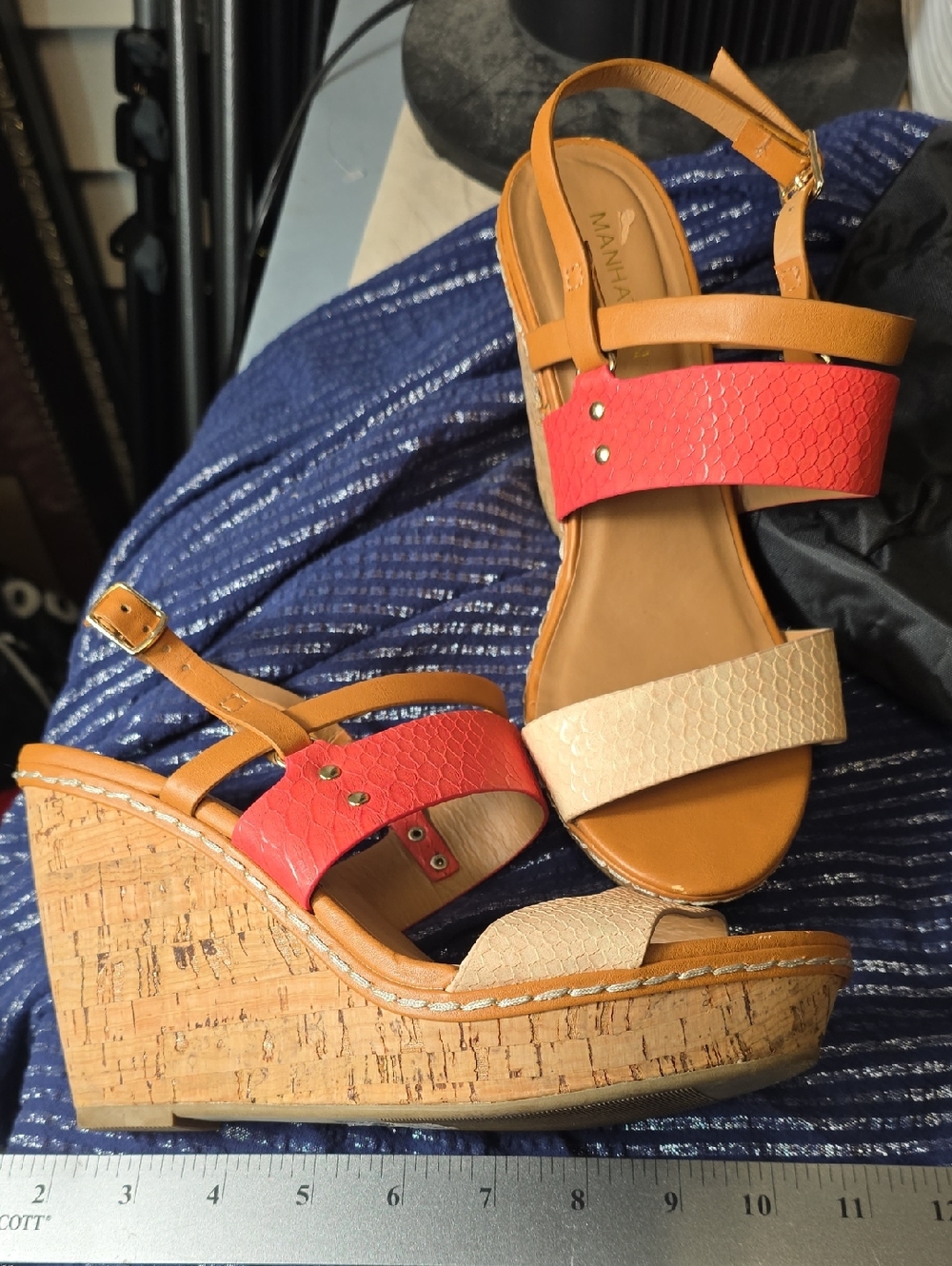 Coral and Cream Cork Wedge Sandals with Ankle Strap
